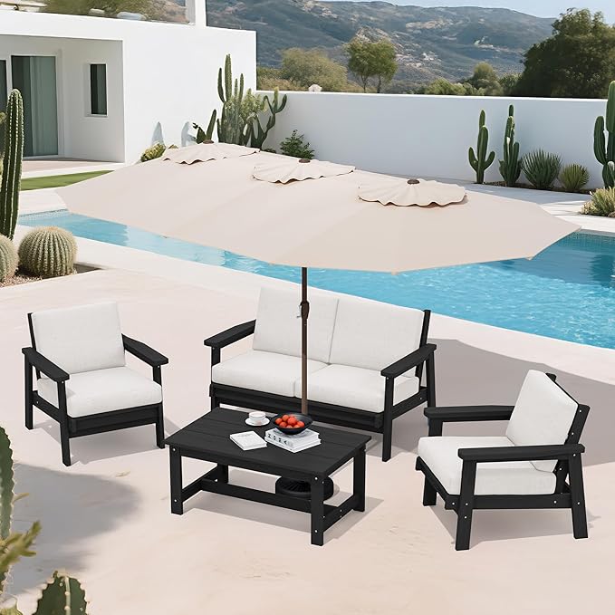 SERWALL HDPE Patio Furniture Set with 15FT Double Side Patio Umbrella, All Weather Wood-Like Outdoor Sofa Sectional Couch, Black Patio Furniture with Khaki Cushions