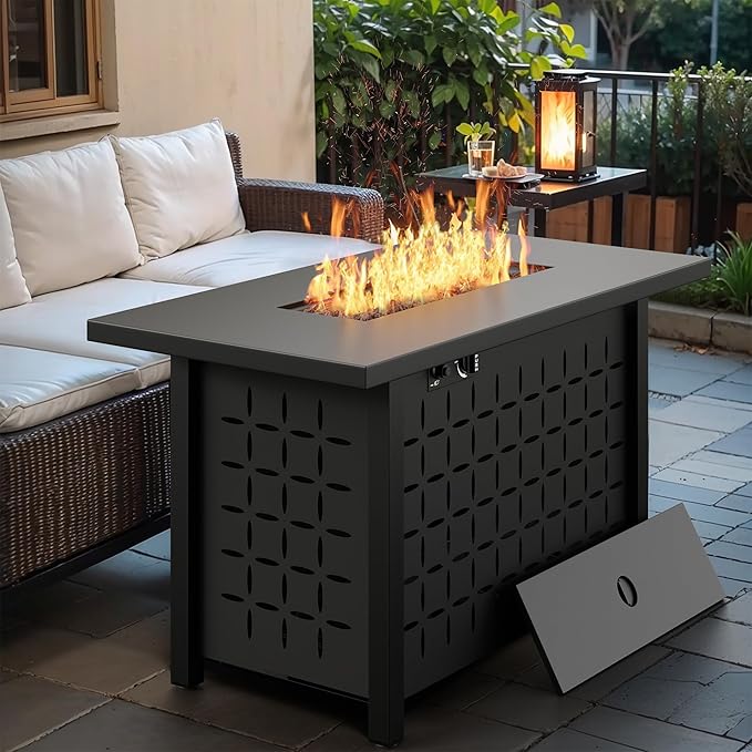 Vongrasig 43 inch Gas Fire Pit Table, 50,000 BTU Outdoor Rectangular Propane Firepit Table with Lid, Lava Rock, 2 in 1 Firepit Table for Outside, Patio, Deck, Garden, Backyard