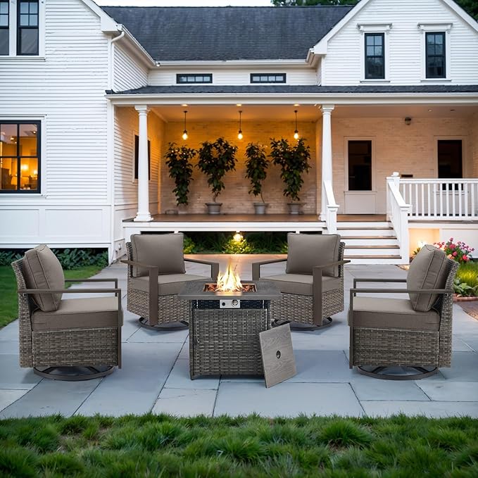 Belord Social 5 Pieces Patio Furniture Set - Swivel Rocker Glider Outdoor Chairs Set of 4 with 50000BTU Propane Fire Pit Table, Durable Wicker Outdoor Conversation Set for Casual Gathering