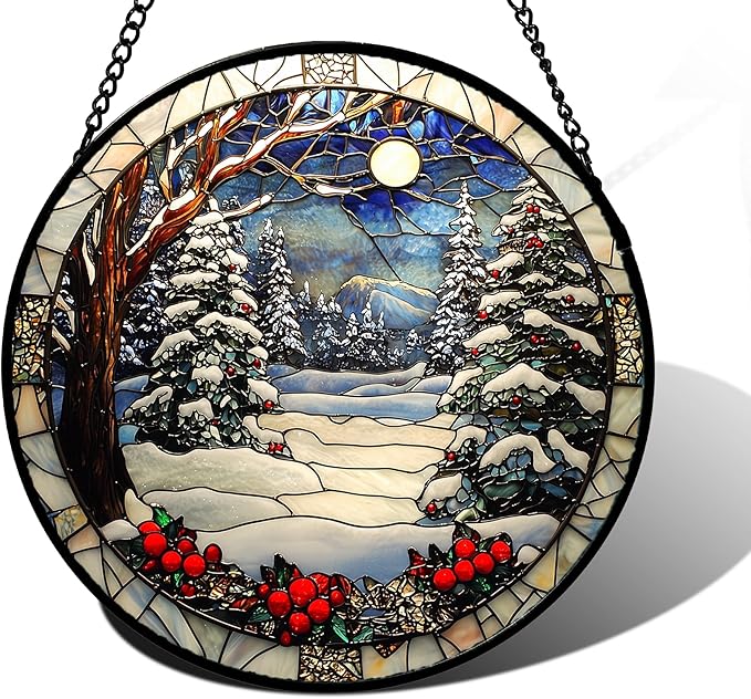 DASTOLL Stained Glass Window Hanging Christmas Tree Winter Snow Night Scenery 6.3" - Suncatcher Door Garden Kitchen Sun Catcher Home Decor Birthday for Mom Men Woman Friend