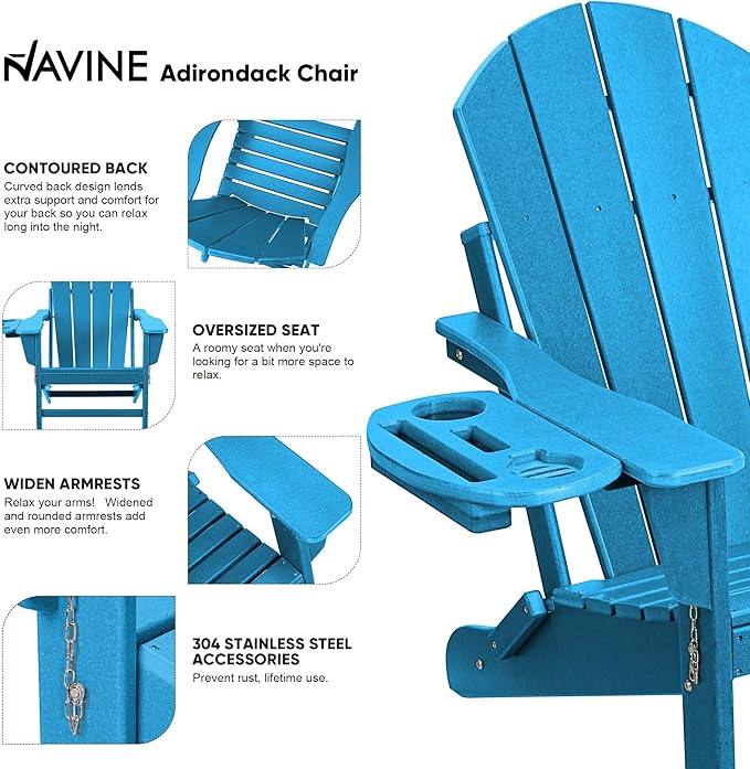 Adirondack Chair Set of 2, HDPE Folding Adirondack Chair with Multifunctional Cup Holder, Weather Resistant Fire Pit Chair for porches, patios, patios, poolsides, Decks.