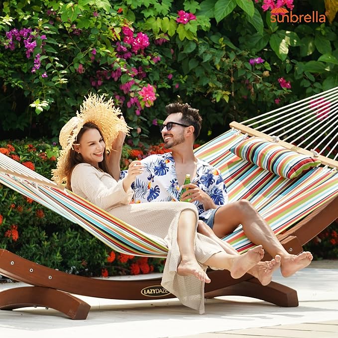 Lazy Daze Hammocks 12 FT Sunbrella Fabric Hammock with Spreader Bars and Free Pillow Fits for 2 Persons, All Weather and Fade Resistant for Patio Yard, 450 lbs Capacity, Carousel Confetti