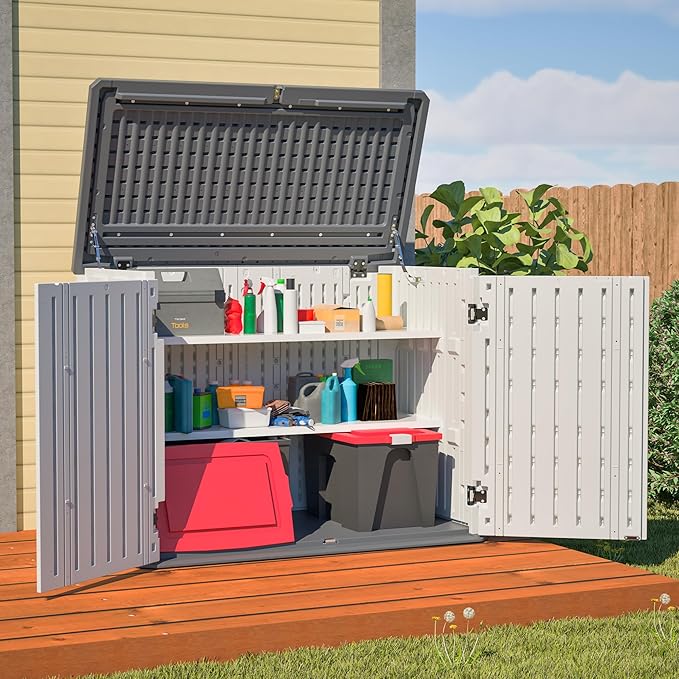 Outdoor Storage Shed Horizontal Plastic Shed W/Removable Shelf & Lockable Cabinet,Weather Resistance Foldable House W/Sloped Roof & Dual-Locking Mechanism,28 Cu.ft Garden Tool House,White