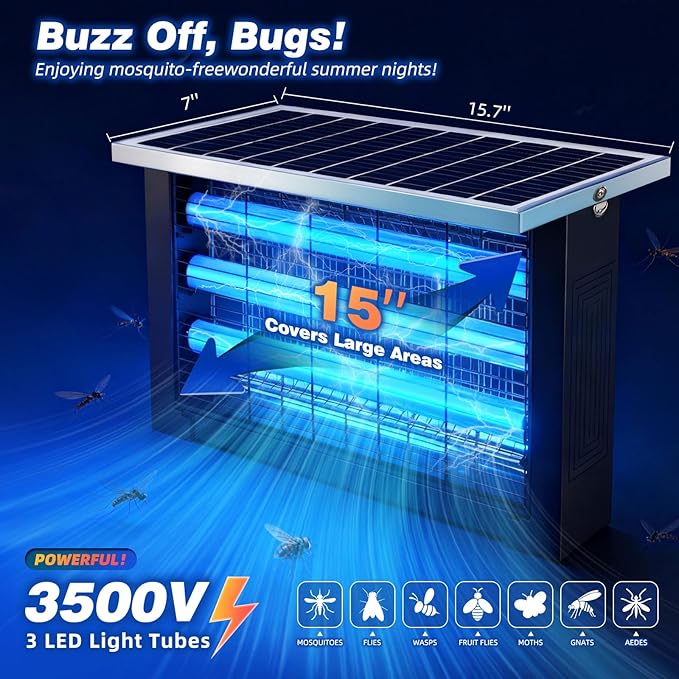 Powerful Large Solar Bug Zapper Outdoor for 3000 sq.ft, Poartable Rechargeable Mosquito Zapper with High Powered, Cordless Solar Fly Zapper for Patio Garden Backyard RV Camping with 13W Solar Panel