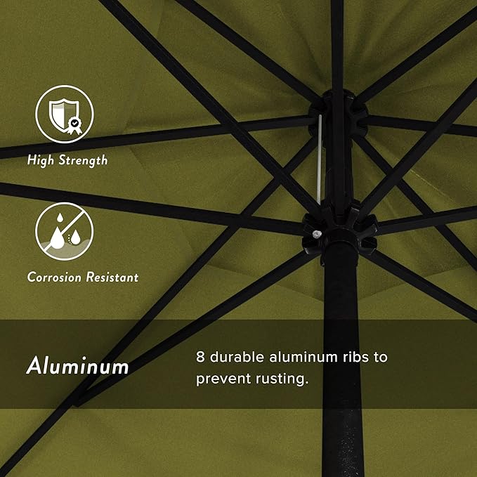 California Umbrella 9' Rd Aluminum Patio Umbrella, Crank Lift, Auto Tilt, Black Finish, Sunbrella Macaw