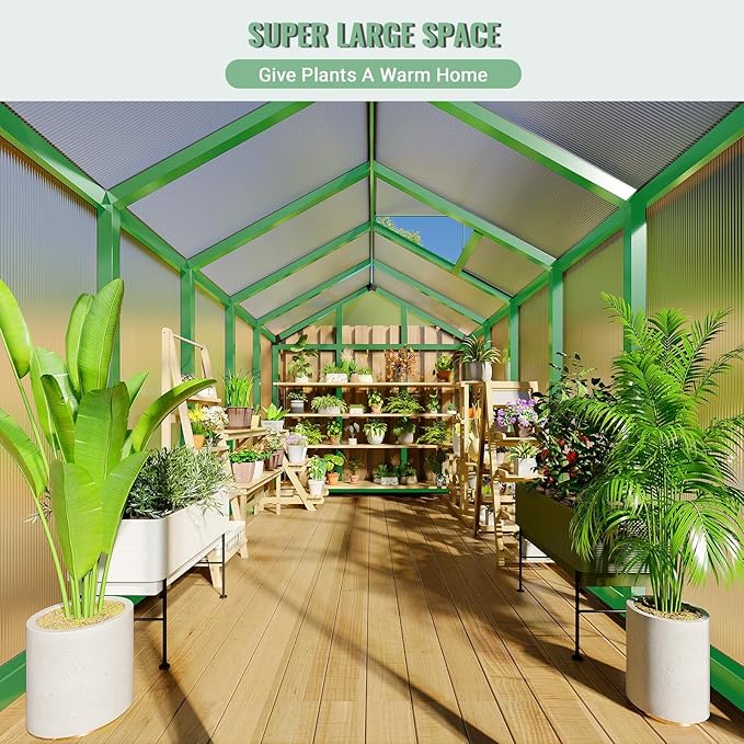 6x10 FT Greenhouse for Outdoors, Polycarbonate Greenhouse with Roof Vent, Ground Nails, Lockable Push Door, Aluminum Large Walk-in Green House for Outside Garden Backyard, Patio, Lawn, Green
