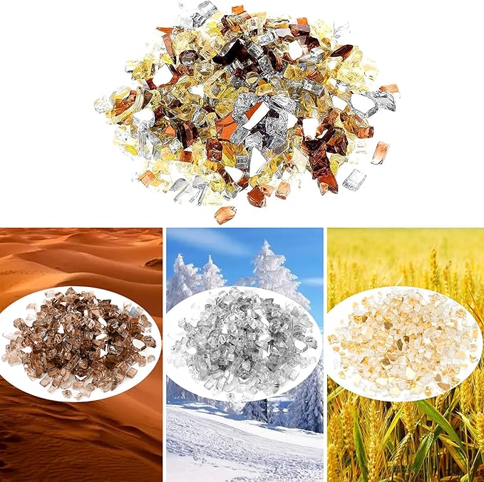 Onlyfire 10 Pounds Blended Reflective Fire Glass for Fire Pit Fireplace and Landscaping, 1/4 Inch Mixed Colored High Luster Fireglass Rocks for Outdoor and Indoor Use - Gold+Platinum+Copper