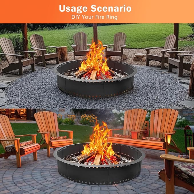 DFLU Smokeless Fire Pit Ring 48 inch Inner, 52 inch Outer Large Firepit Ring Insert Metal Steel Round Firepit Ring for Outside Wood Burning DIY Fire Pits Outdoor Fire Place for Camping Patio Backyard