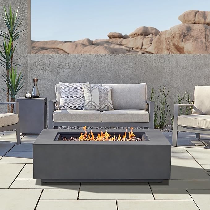 Real Flame Aegean 50in Rectangle Propane or Natural Gas Fire Pit Table, 50,000 BTU, Powder-Coated Steel, Push-Button Ignition, CSA Certified, Lava Rock, Storage Cover, Stainless Steel Burner with Lid