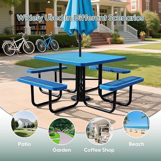 46Inch Square Picnic Table for 8 Person, Outdoor Heavy Duty Sturdy Picnic Tables with 4 Benches & Umbrella Hole, Commercial Metal Patio Picnic Table for Garden, BBQ, Coffee Store, Party, Porch (Blue)
