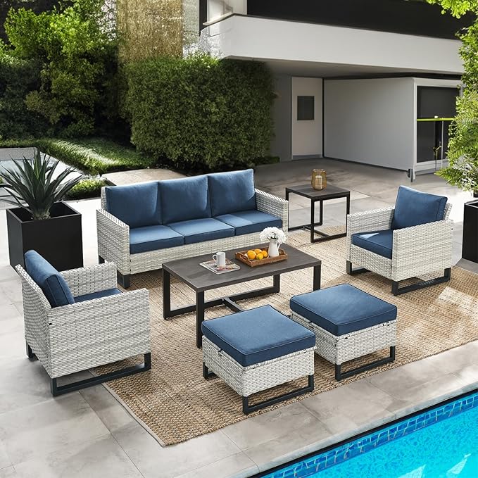 HUMMUH 7 Piece Patio Furniture All Weather Wicker Outdoor Sectional Sofa with Side Table,High Back Patio Chairs,Coffee Table and Ottomans Set for Porch,Garden,Backyard
