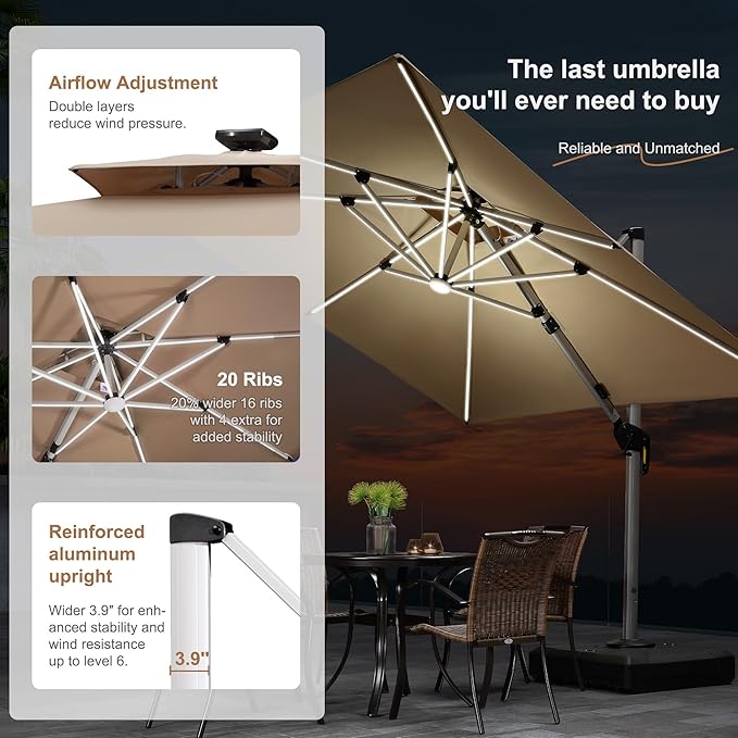PURPLE LEAF 12' X 12' Solar Powered LED Patio Large Umbrella Offset Double Top Hanging Umbrella Outdoor Market Umbrella for Garden, Heather Taupe