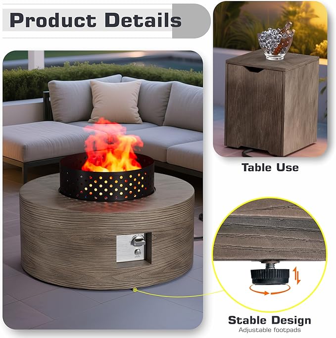 Wood Grain 30'' Patio Fire Pit Table Round, Propane Gas Fire Table 50,000 BTU, Outdoor Firepit & Fireplace for Patio, Brown