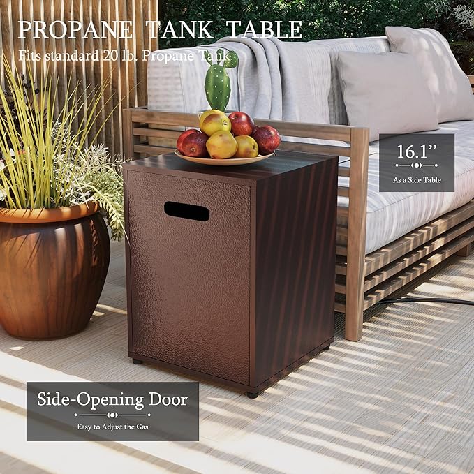 UPHA 56-inch Outdoor Propane Gas Fire Pit Table 50000 BTU Iron Rectangle Firepit for Outside Patio with Tank Hidden Table, Removable Lid, Blue Glass Rocks, Rain Cover, Brown