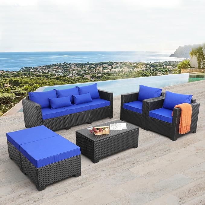 Rattaner 6 Pieces Patio Wicker Furniture Set Outdoor PE Rattan Conversation Couch Sectional Chair Sofa Set with Royal Blue Cushions