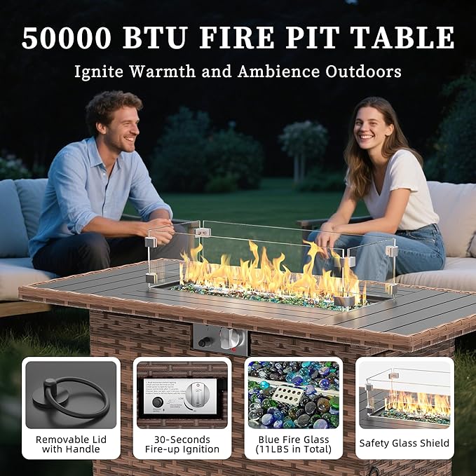 UDPATIO 5 Pieces Patio Furniture Set with Fire Pit Table, Outdoor Conversation Set with Rocking Swivel Chairs, Wicker Furniture Set with Waterproof Cover, 4'' Thickened Cushion, Khaki