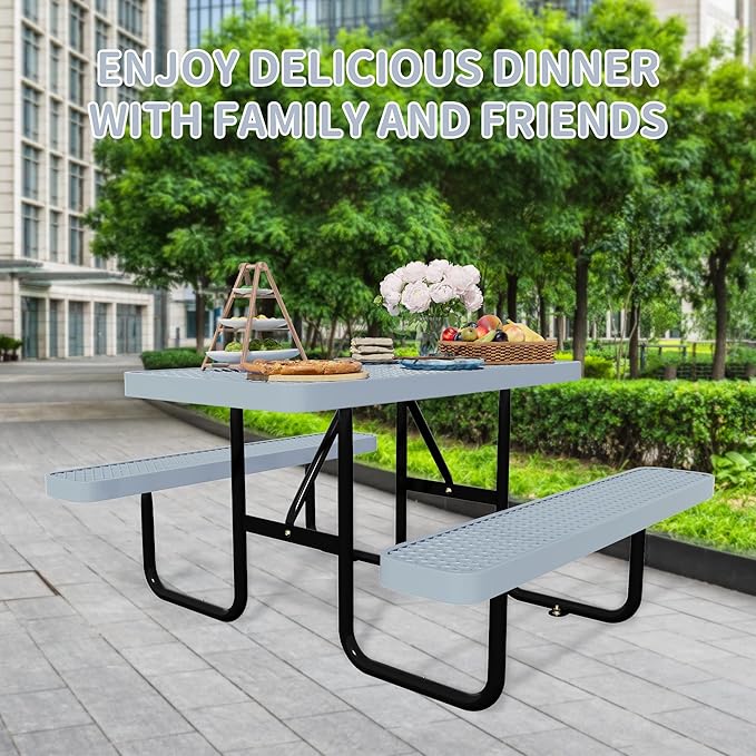 HIMcup 48'' Rectangular Steel Picnic Table for Outdoors,Commercial Metal Picnic Table Bench Set with Umbrella Hole,School Canteen Table W/Seats - Heavy Duty Sturdy Picnic Tables for Patio Garden
