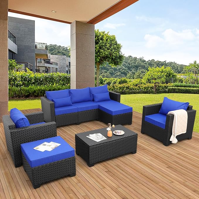 Rattaner 6 Pieces Patio Wicker Furniture Set Outdoor PE Rattan Conversation Couch Sectional Chair Sofa Set with Royal Blue Cushions