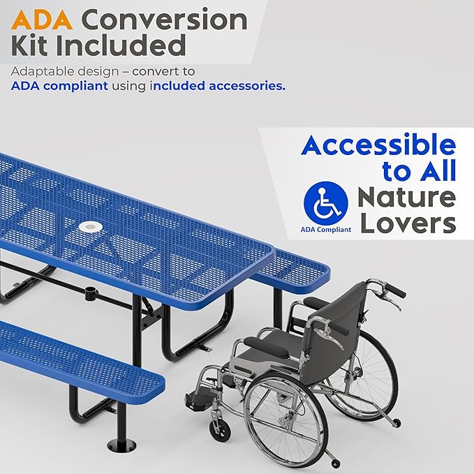Commercial Heavy-Duty Metal Picnic Table - ADA Compliant, Adjustable Seats, Umbrella Hole, Expanded Metal (Blue, 8' Rectangular)