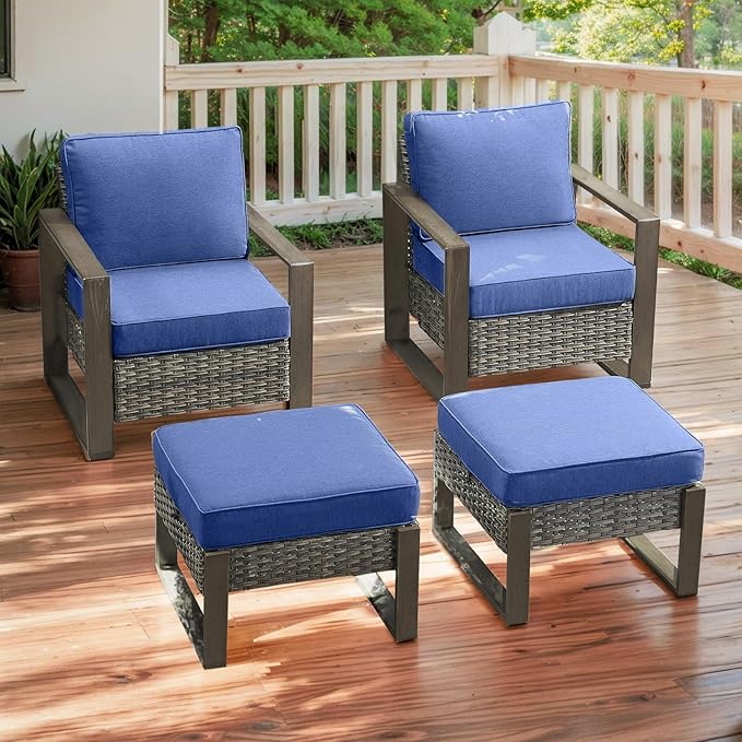 Rilyson Outdoor Wicker Patio Furniture Set - 4 Piece Patio Conversation Set with 2 Wicker Armrest Chairs,2 Rattan Ottoman, Sturdy Frame, Thick Cushions, Deep Seating(Mixed Grey/Blue)