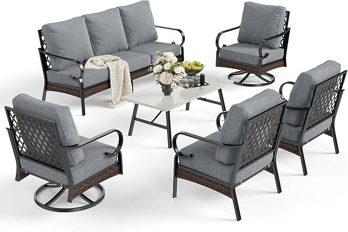 SUNSHINE VALLEY 6 Piece Metal Outdoor Patio Furniture Set, Patio Conversation Set - 1 3-Seater Sofa and 2 Swivel Sofas with 5.75" Thick Cushions & Coffee Table - Black and Gray Backyard Furniture
