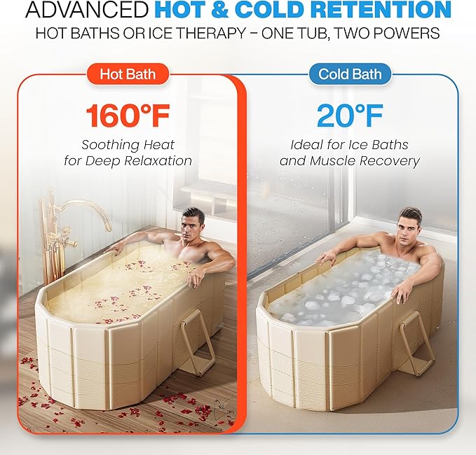 Zennest Foldable Portable Bathtub for Adults – 2-in-1 Hot & Cold Plunge, 185-Gal Large Capacity Oval Collapsible Bathtub Adult - 6-layer Insulated Portable Soaking tub - Space-saving Design