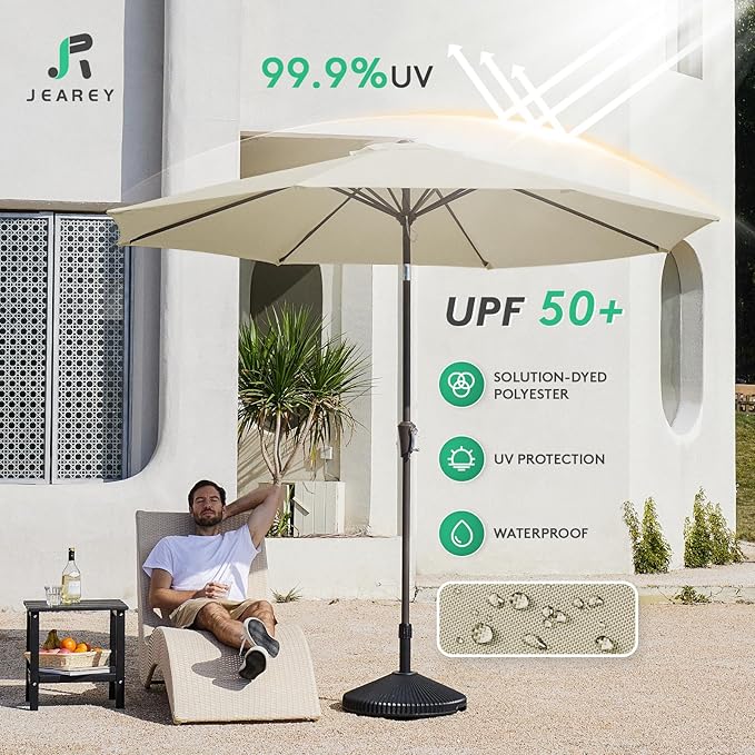 JEAREY 9FT Outdoor Patio Umbrella Outdoor Table Umbrella with Push Button Tilt and Crank, Market Umbrella 8 Sturdy Ribs UV Protection Waterproof for Garden, Deck, Backyard, Pool (Tan)