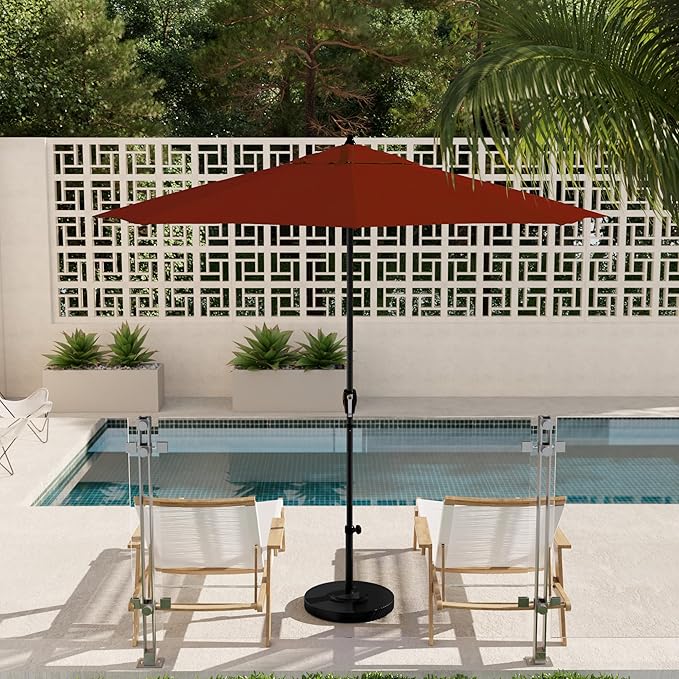 California Umbrella 9' Rd Aluminum Patio Umbrella, Crank Lift, Auto Tilt, Black Finish, Sunbrella Terracotta