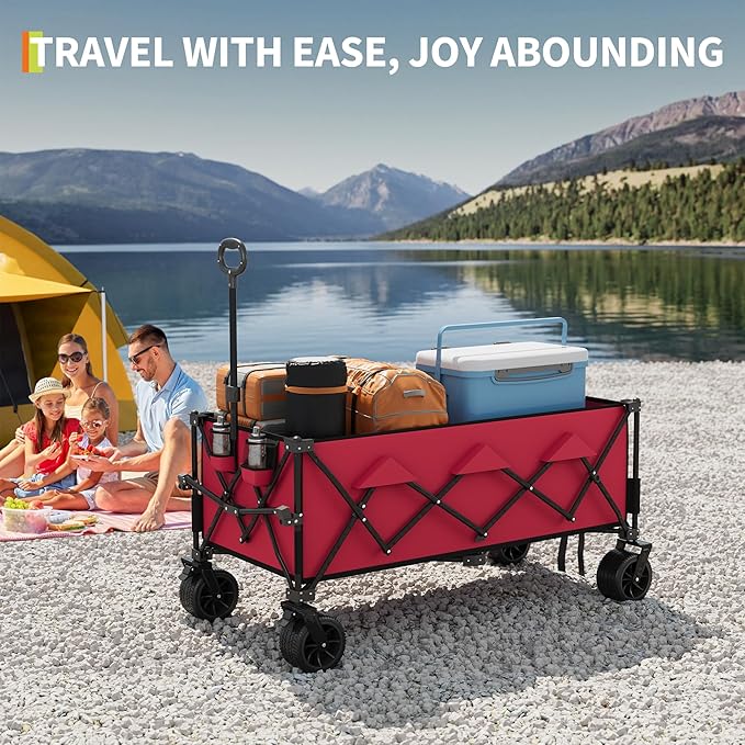52" Foldable Wagon for Beach with 460LBS Weight Capacity, Heavy Duty 350L Extra Large Collapsible Foldable Wagon for Camping, All Terrain Beach Wagons Extended with Cup Holders for Sand