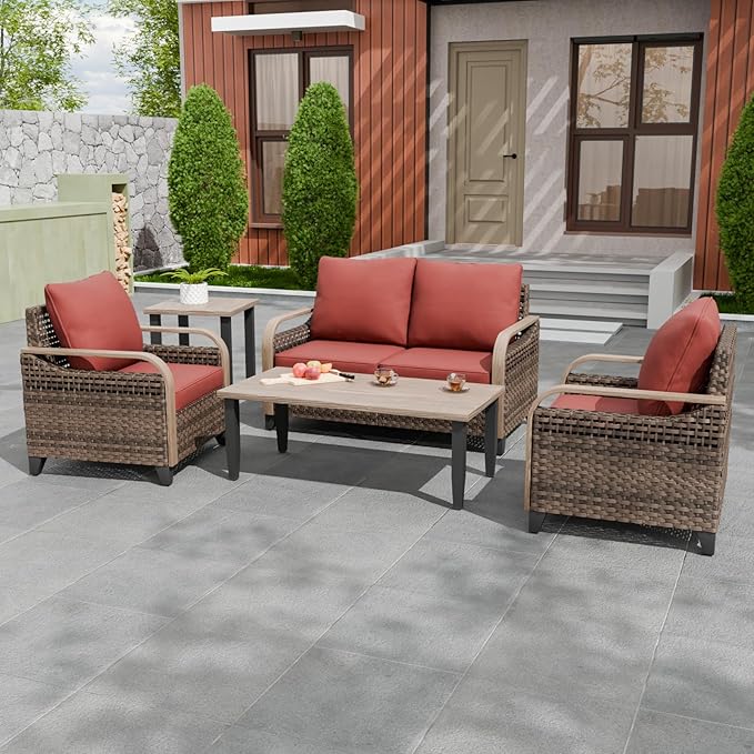 EAGLE PEAK Modern Wicker Outdoor Patio Furniture Set, Patio Conversation Set, 2 Chairs, 2-Seat Loveseat, Coffee Table and Side Table, 5 Pieces, Brown/Red