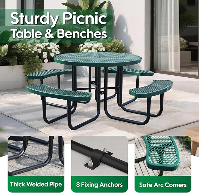 8-Person Outdoor Picnic Tables,46" Heavy-Duty Metal Round Picnic Table,Expanded Metal Commercial-Grade Table with 4 Benches & Umbrella Hole,Waterproof Coating Beach Table for Patio,Garden, Backyard