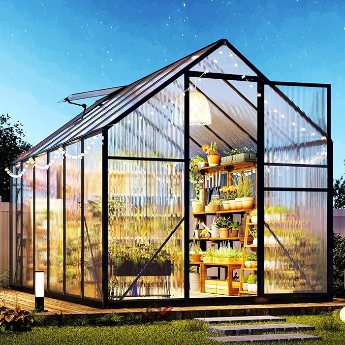 Jocisland 6x12x6.3 FT Polycarbonate Walk-in Greenhouse with Dual Doors and Roof Vents, Outdoor Garden Greenhouse, Black
