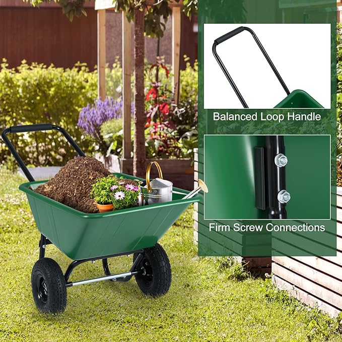 Goplus 2 Wheel Wheelbarrow, 330 LBS Utility Garden Cart with 10” Pneumatic Tires & Handle, 21 Gal Volume, Yard Dump Cart Wheel Barrow, Heavy Duty Wheel Barrow for Lawn