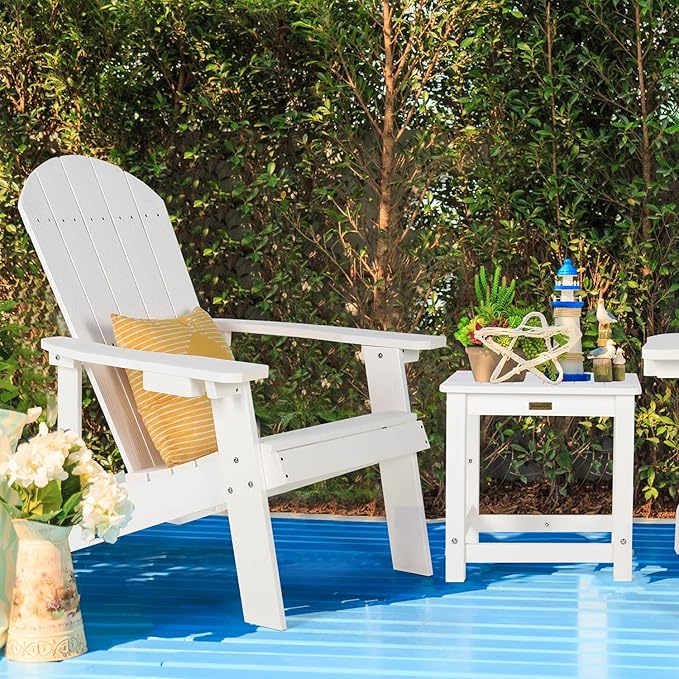 Adirondack Chairs Set of 2, All Weather Resistant Plastic Chairs with Cup Holder, 5 Easy Steps to Install, Outdoor Chairs for Patio, Garden, Backyard Deck, Lawn, Fire Pit - White