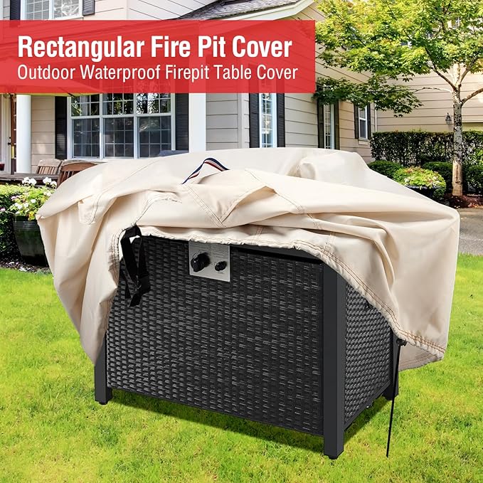 Fire Pit Cover Rectangular 56 Inch - Waterproof Outdoor Fire Table Cover Rectangle Heavy Duty, 600D Patio Propane Gas Firepit Cover Rectangular Tear Weather Resistant - 56 x 38 x 22 Inch Beige