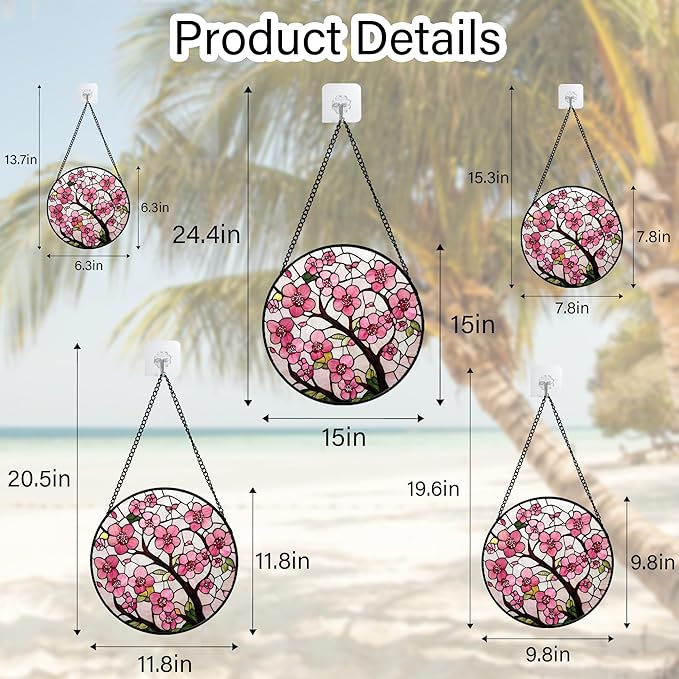CRISGIF Stained Glass Window Hanging - Cherry Blossoms Birth Flower Suncatcher for Door Garden Patio Sun Catchers Decor Christmas Mother's Day Birthday Gifts for Women Mom Nana Friend Wife 6.3 in