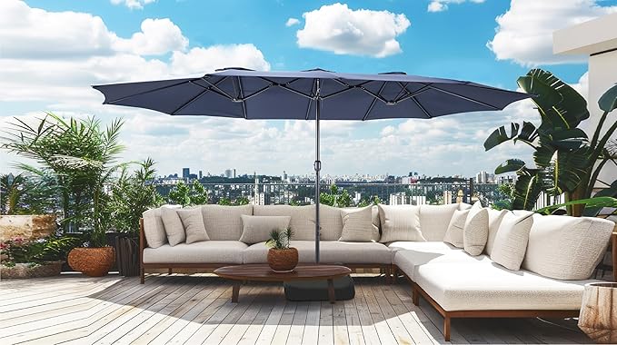 Bigroof 15ft x 9ft Patio Double-Sided Umbrella with Base & Crank, Extra Large Rectangular Outdoor Umbrella for Patio, Lawn & Garden, Beige