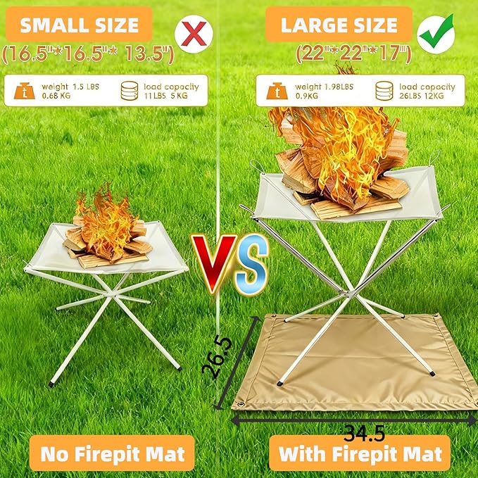 Portable Fire Pits,22 inch Camping Fire Pit Kit- Foldable Large Upgrade 304 Stainless Steel Mesh with Fire Pit Mat and Carry Bag,Perfect for Backyard,Garden,Picnic Campfire, Outdoor Hiking