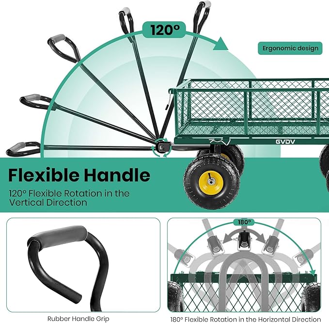 GVDV 660LB Garden Cart with Liner, Heavy Duty Steel Garden Wagon, Folding Utility Wagon with Removable Sides and 10" All-Terrain Wheels