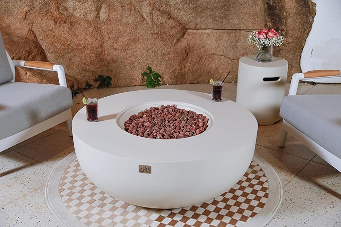 AMS Creations | Eclipse 44" Round Cast Concrete Propane Gas Fire Pit Bowl Table | Cream White | Smooth Texture Surface | Electronic Ignition | Outdoor Patio Heater Outside Backyard Fireplace