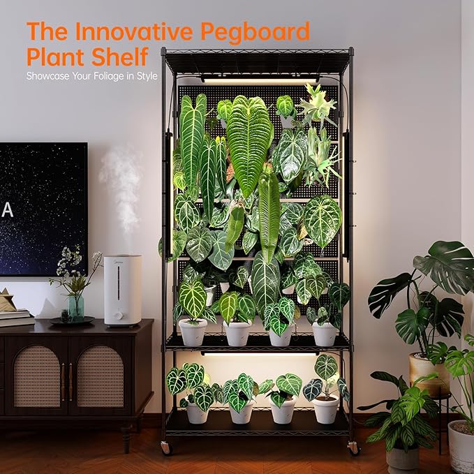 Bstrip Plant Shelf with Grow Light & 4 Pegboard, Metal Plant Stand with Adjustable Rack and Wheels, 4 x 24W Full Spectrum Grow Light Strip for Indoor Plants, Foliage Plants, Seedling, 35.4"x13.8"x71"