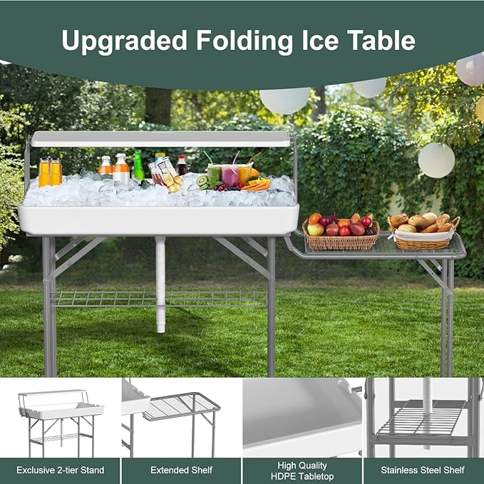 IWDOO Two Tier Ice Cooler Table with Foldable Extension Stand, 4 Foot Outdoor Ice Table with Matching Skirt & Drain Hose, Folding Cooler Server with Metal Shelf for Party, BBQ, Camping Picnic, White