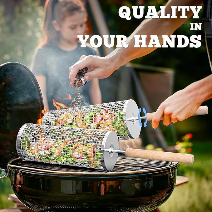 Rolling Grill Basket, Removable Wooden Handle, 304 Stainless Steel, Nesting BBQ Tools, Smoker Grilling Accessories for Vegetable, Outdoor Cooking Camping, Birthday Gifts for Men Dad Husband