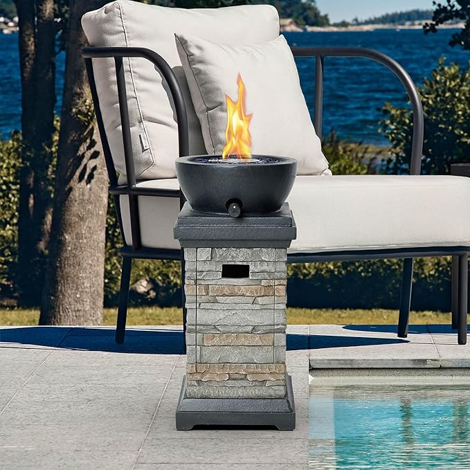 1Lb Bowl Gas Fire Pit, 10,000 BTU Propane Fire Pit, Outdoor Firepit for Outdside Patio w/Glass Rocks