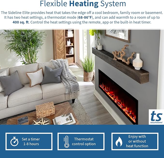 Touchstone Sideline Elite Smart 84” WiFi-Enabled Electric Fireplace - 80050 - in-Wall Recessed - 60 Color Combinations - 1,500W Heater - Black - Log, Crystals & Driftwood