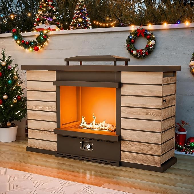 COOS BAY Outdoor Propane Fire Pit 50,000 BTU, Smokelss Gas Fireplace with Hidden Tank Storage, Adjustable Flame Patio Heater for Deck, Backyard, Gray/Tan