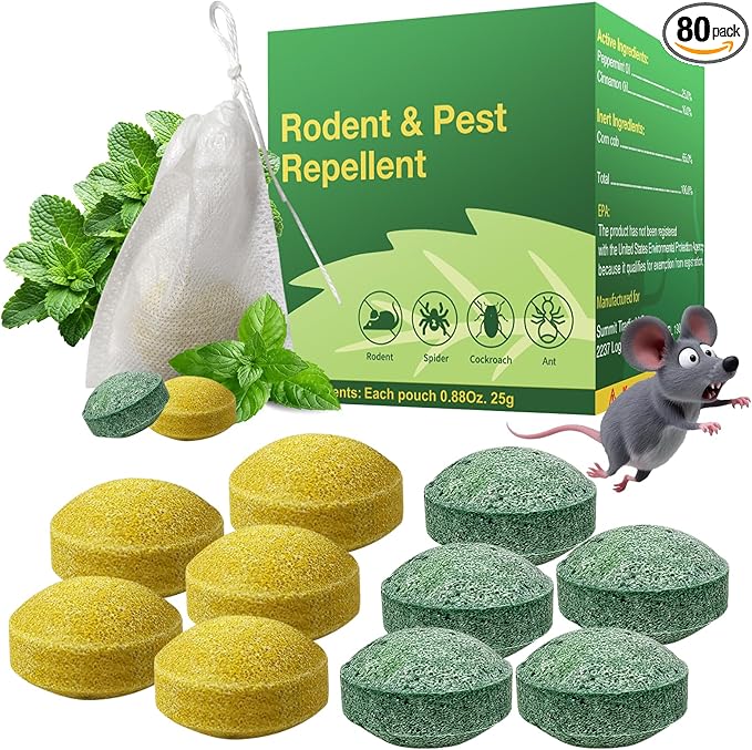Mouse Repellent, Peppermint Oil Mice Repellent for Rats & Squirrels, Long-Lasting Natural Pest Deterrent for Indoor, Outdoor, Car Engines, Safe for Family & Pets, (80 Pack)