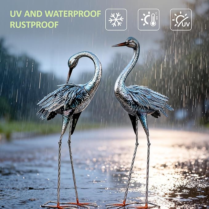 Kircust Garden Crane Statue for Outdoor, Blue Heron Decoy Garden Sculptures and Statues, Metal Bird Yard Art for Lawn Patio Decor, Set of 2