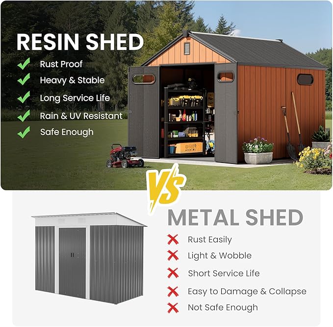 CRESTLIVE 8x10 FT Rust-Resistant Plastic Outdoor Storage Shed, Waterproof Resin Garden Shed with Floor, Doors, Skylight & Vent for Lawn Tools & Bikes