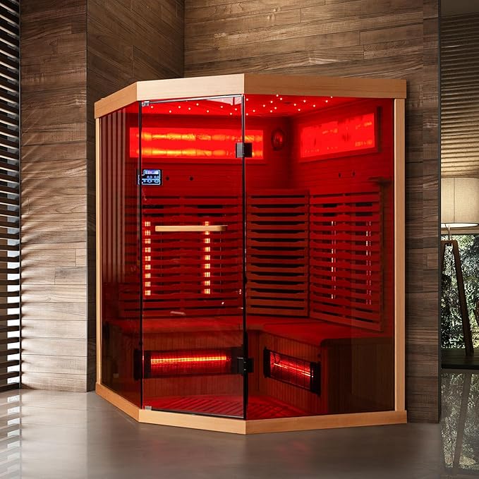3-4 Person Infrared Home Sauna-Corner Sauna Spa Room w/Himalayan Salt Therapy & Starry Sky Spa,Canadian Hemlock, Tempered Glass (220V, ETL Certified)